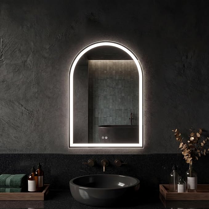 DUMOS 20"x28" LED Bathroom Mirror with Lights, Arched Vanity Mirror | Anti-Fog, Dimmable, 3-Color Light, Memory Function, Front Light and Backlit, Tempered Glass