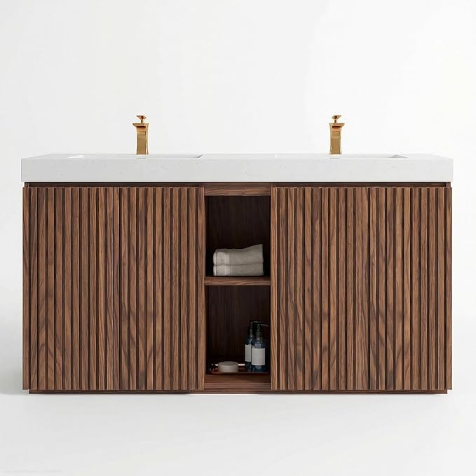 60" Double Bathroom Vanity with Sink Combo, Mid Century Modern Bathroom Cabinet with Doors & Shelves, Glossy White Integrated Sink with Overflow, Walnut