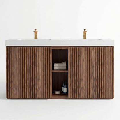 60" Double Bathroom Vanity with Sink Combo, Mid Century Modern Bathroom Cabinet with Doors & Shelves, Glossy White Integrated Sink with Overflow, Walnut