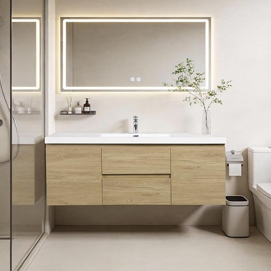 Floating Vanity Bathroom, 60 Inch Bathroom Vanity with Sink, Wall Mounted Single Sink Bathroom Vanity, Soft Closed 2 Drawers, Integrated Sink (Natural Oak)
