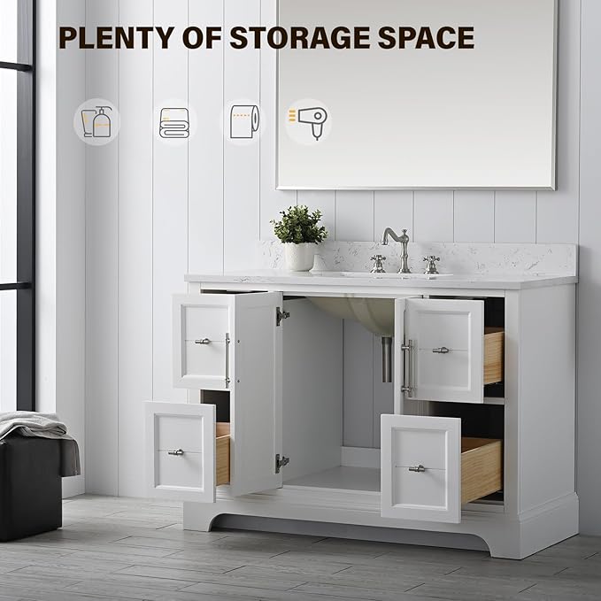 Vanity Art 48 Inch Single Bathroom Vanity With Ceramic Sink and Engineered Marble Top | Undermount Rectangular Cabinet, Soft Closing Doors, Dovetailed Drawers, No Mirror VA5048-W
