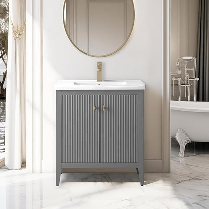 Vanity Art 30 inch Bathroom Vanity with Single Sink & Ceramic Top, Vanity Cabinet with Soft-Closing Door, Solid Wood Frame, Linear Pattern, Cashmere Gray, Golden Brushed Handware VA9130-G-GB