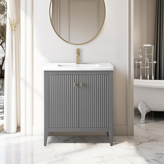 Vanity Art 30 inch Bathroom Vanity with Single Sink & Ceramic Top, Vanity Cabinet with Soft-Closing Door, Solid Wood Frame, Linear Pattern, Cashmere Gray, Golden Brushed Handware VA9130-G-GB