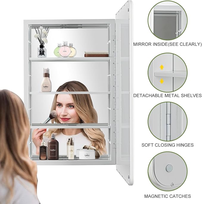 17 x 27 White Bathroom Medicine Cabinet with Mirror Metal Frame Recessed Or Wall Mounted Single Door Storage Medicine Cabinets with Adjustable Shelves Rounded Corner Beveled Mirrors