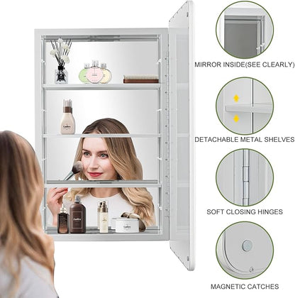 17 x 27 White Bathroom Medicine Cabinet with Mirror Metal Frame Recessed Or Wall Mounted Single Door Storage Medicine Cabinets with Adjustable Shelves Rounded Corner Beveled Mirrors