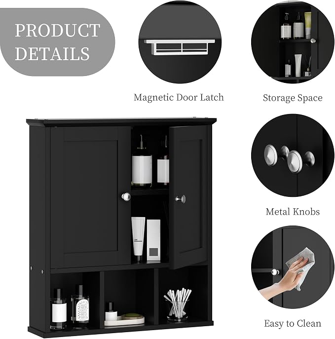 Shintenchi Bathroom Medicine Cabinet, Wall Mounted, Adjustable Shelf, Black | Over The Toilet Cupboard, Open & Concealed Storage, 2 Magnet Doors, Space-Saving, Easy to Clean