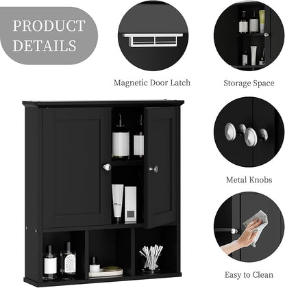 Shintenchi Bathroom Medicine Cabinet, Wall Mounted, Adjustable Shelf, Black | Over The Toilet Cupboard, Open & Concealed Storage, 2 Magnet Doors, Space-Saving, Easy to Clean