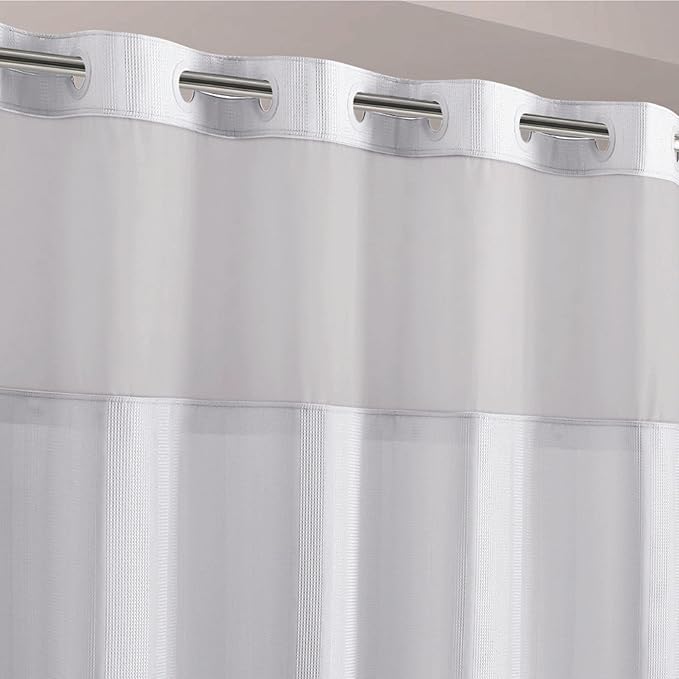 It's A Snap! Waffle Stripe Shower Curtain, 2-in-1 with Fabric and Sheer Top Window, Flex-On Rings, Liner Compatible, 71' x 74', Bright White