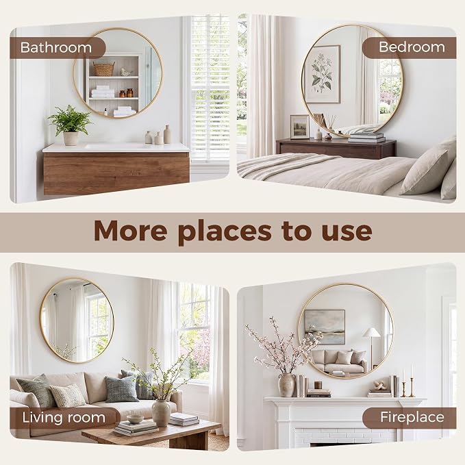 Sweetcrispy 28 Inch Round Wall Mirror, Bathroom Mirrors for Over Sin | Matte Metal Framed, Wall Decor for Bedroom, Entryway, Anti-Rust, Tempered Glass, Hanging or Leaning, Gold
