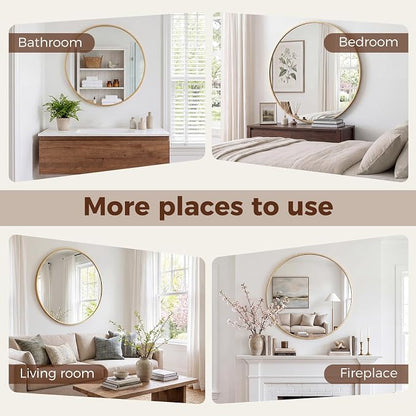 NEWBULIG 30 Inch Round Wall Mirror, Bathroom Mirrors for Over Sink | Metal Framed Circle Vanity Mirror, Wall Decor for Bedroom, Entryway, Anti-Rust, Tempered Glass, Hanging or Leaning, Gold