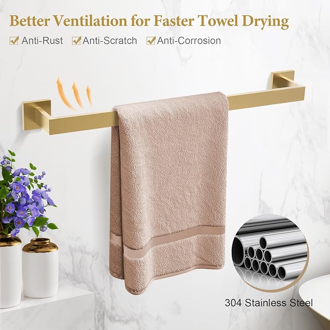 TURS 5-Piece Bathroom Hardware Set Brushed Gold Towel Bar Set Bath Towel Holder Sets SUS 304 Stainless Steel Wall Mounted Towel Rack Sets for Bathroom.