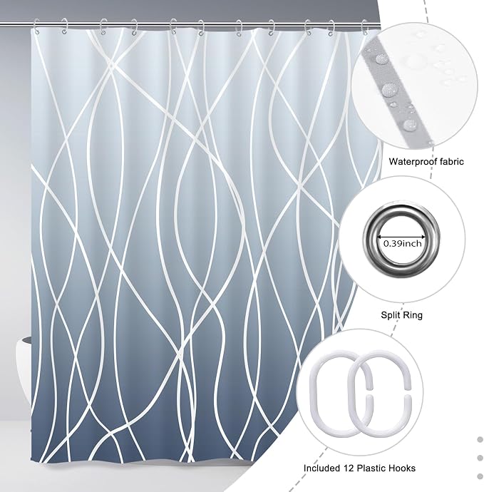 Striped Shower Curtain for Bathroom, Ombre Blue, 72" W x 72" L | with Hooks, Modern Hotel Style, Water Repellent, Washable, Weighted Hem