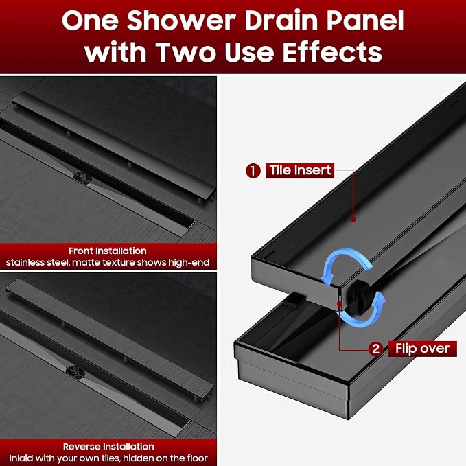 DLONE® Linear Shower Drain - 72 Inch Matte Black, with Tile Insert Panel | AISI 304 Stainless Steel Linear Drain, Rectangle Shower Floor Drain, with Adjustable Feet, Fits Bathroom & Balcony etc