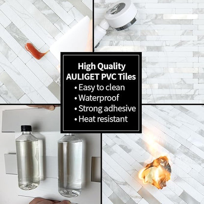 AULIGET 20 Sheets White Stone Peel and Stick Backsplash, PVC Mixed Metal Silver Wall Tile Stick on Backsplash for Kitchen and Bathroom