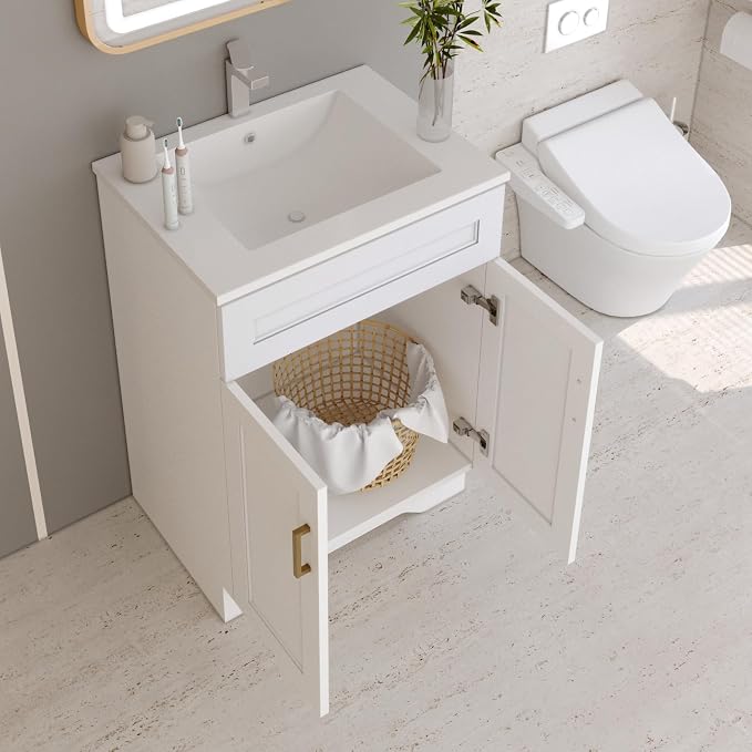 24 Inch Bathroom Vanity, Wooden Double Door Bathroom Storage Cabinet, Freestanding Cabinet Vanity Without Sink (White Without Sink, 24")