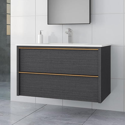 36 Inch Bathroom Vanity with Sink, Floating Vanity Bathroom, Modern Wall Mount Bathroom Cabinet, Double Drawers, Gold Handle, Suitable for All Kinds of bathrooms (Without Sink, 36")