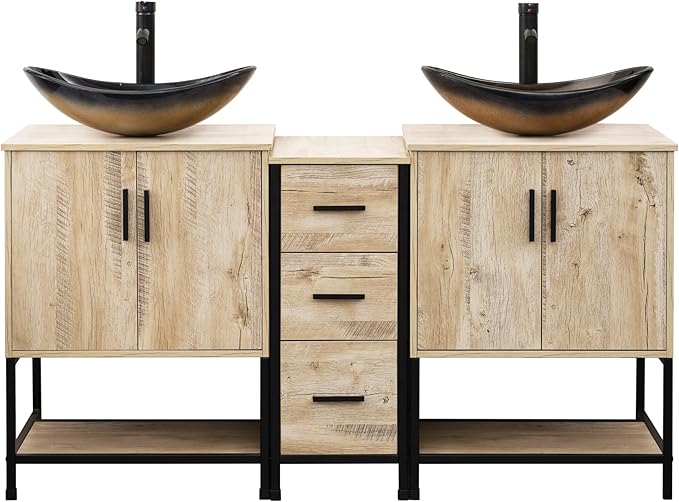 UEV Rustic 60" Double Sink Bathroom Vanity with Sink Combo,Industrial Iron Frame Bathroom Cabinet Sets with Middle 3 Drawers Cabinet (Rustic Oak, 029CH)