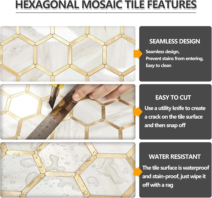 STICKGOO Hexagon Peel and Stick Backsplash Tile, Stick on Backsplash for Kitchen and Bathroom, Glossy Eurasian Wood Grain PVC Mixed Metal Gold Self Adhesive Wall Tiles(10 Sheets, Seamless)