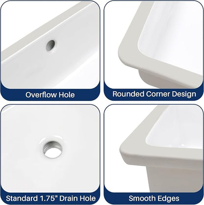 Enbol 20x16 inch Undermount Bathroom Sinks Rectangular White Porcelain Vessel Sink Modern Under Counter Lavatory Basin ECU1713