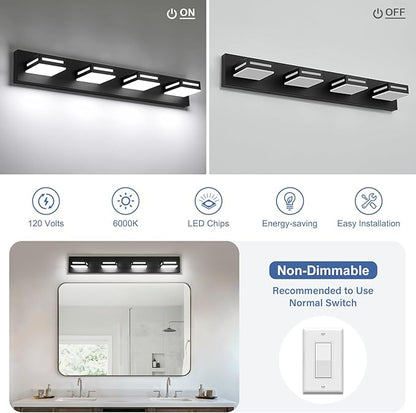 LED Modern Bathroom Light Fixtures, 4-Light 30-Inch Matte Black Vanity Lights for Bathroom Lighting Fixtures Over Mirror, 350° Rotatable Acrylic, 6000K Cool White Wall Lamp