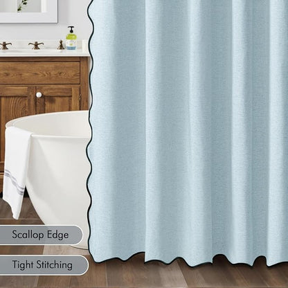 MIULEE Fog Blue Scalloped Linen Shower Curtain 72x72 Inches | Linen Textured, Waterproof, Washable, 12 Metal Hooks, Heavy Duty Cloth, Black Border, Shower Curtain for Bathroom Bathtub