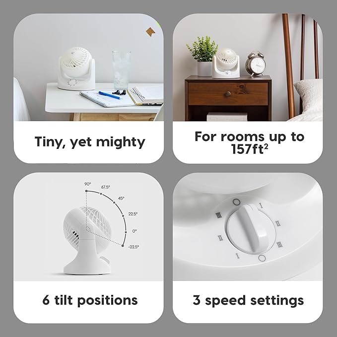 IRIS USA WOOZOO Desk Fan, Air Circulator, 3 Speeds, 32ft Max Air Distance, 112° Adjustable Tilt, 27.5db Quiet Motor, Small Fan for Bedroom, Office, Dorm, White