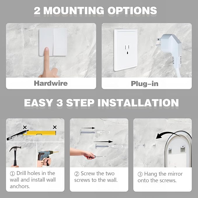 Arched LED Bathroom Mirror, 32"x20" Arch Backlit Vanity Mirror with Lights, Frontlit, Dimmable, 3 Colors, Memory Function, Anti-Fog Smart Mirror, Black Frame, Shatterproof, UL Listed