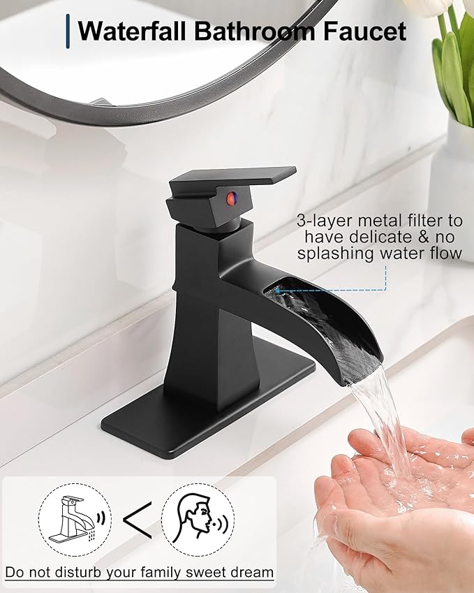 Waterfall Faucet, Brass Black Bathroom Sink Faucet 1 Hole or 3 Holes (4 Inch) with Single Handle, Pop-Up Drain, Lead-Free cUPC Supply Hoses & Deck Plate for Vanity Lavatory RV