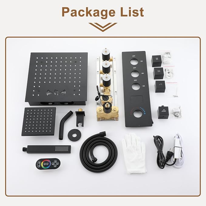 CASAINC Thermostatic Shower System 12" Ceiling-Mounted Rain Shower Head with 6" Shower Head, Smart Shower System with Handheld Spray, LED Light & Music, Water Temperature Display (Matte Black)