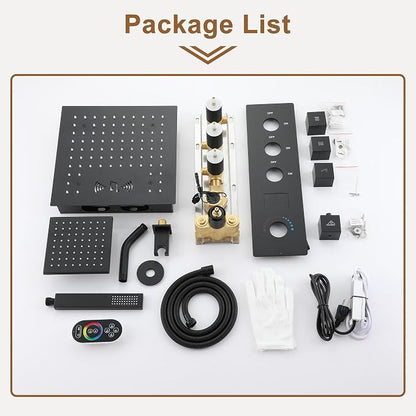 CASAINC Thermostatic Shower System 12" Ceiling-Mounted Rain Shower Head with 6" Shower Head, Smart Shower System with Handheld Spray, LED Light & Music, Water Temperature Display (Matte Black)