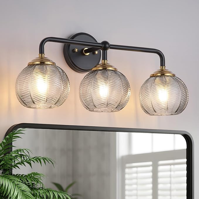 Mecgirn Bathroom Vanity Light Fixtures, 3-Light Smoky Gray Glass Shade, Modern Black and Gold Wall Sconce, Unique Textured Leaf Pattern, Ceramic E26 Sockets Wall Mounted for Mirror, Cabinet, Hallway