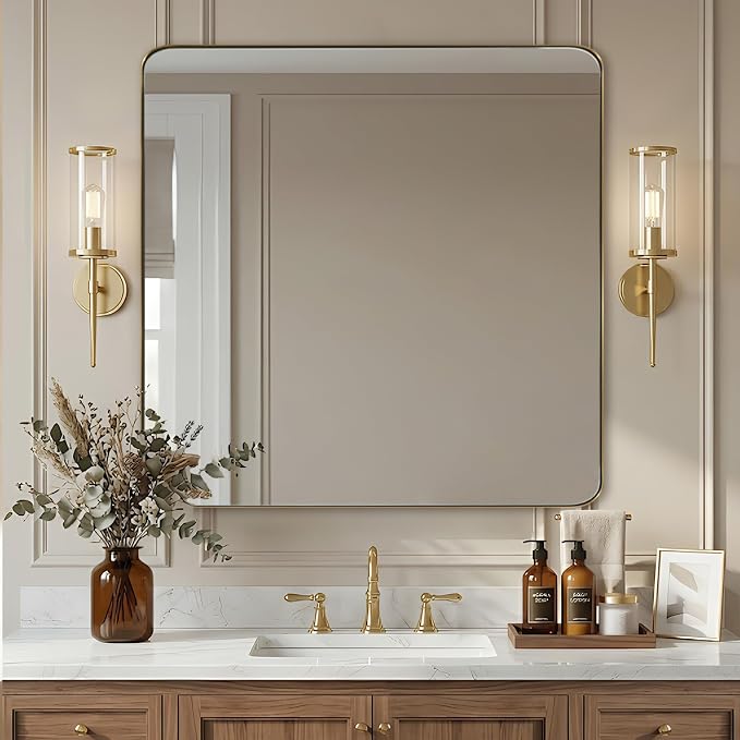 Gold Bathroom Mirrors for Over Sink, 30x30 InchBrushed Gold Wall Mirror, Rectangular Metal Framed Vanity Mirror -Modern Clean Design with Superior Stainless Steel Frame