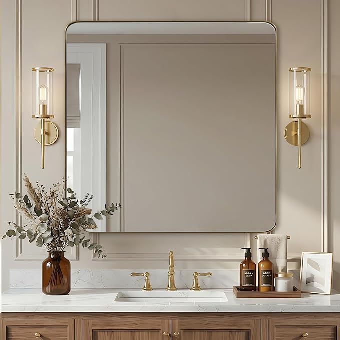 Gold Bathroom Mirrors for Over Sink, 36x36 Inch Brushed Gold Wall Mirror, Rectangular Metal Framed Vanity Mirror -Modern Clean Design with Superior Stainless Steel Frame