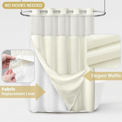 No Hook Shower Curtain with Liner Set Hotel Waffle Curtain Cream 72W X 75L | Washable Snap in Fabric Liner, Mesh Top Window, Waffle Hotel Style Shower Curtain Set