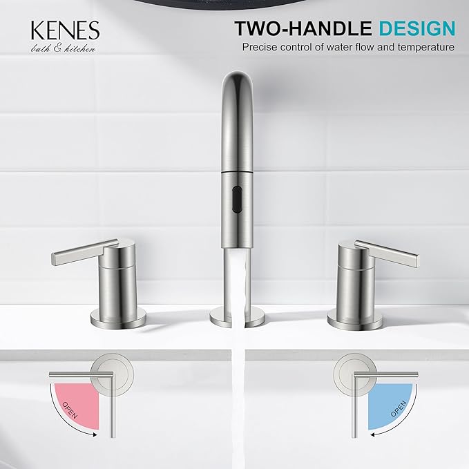 KENES Brushed Nickel Widespread Bathroom Faucet with Sprayer, 8 Inch 3 Hole Bathroom Sink Faucet with Pull Out Sprayer, Pull Down 2 Handle Vanity Faucet with Pop Up Drain & Supply Lines LJ-9068
