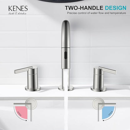KENES Brushed Nickel Widespread Bathroom Faucet with Sprayer, 8 Inch 3 Hole Bathroom Sink Faucet with Pull Out Sprayer, Pull Down 2 Handle Vanity Faucet with Pop Up Drain & Supply Lines LJ-9068
