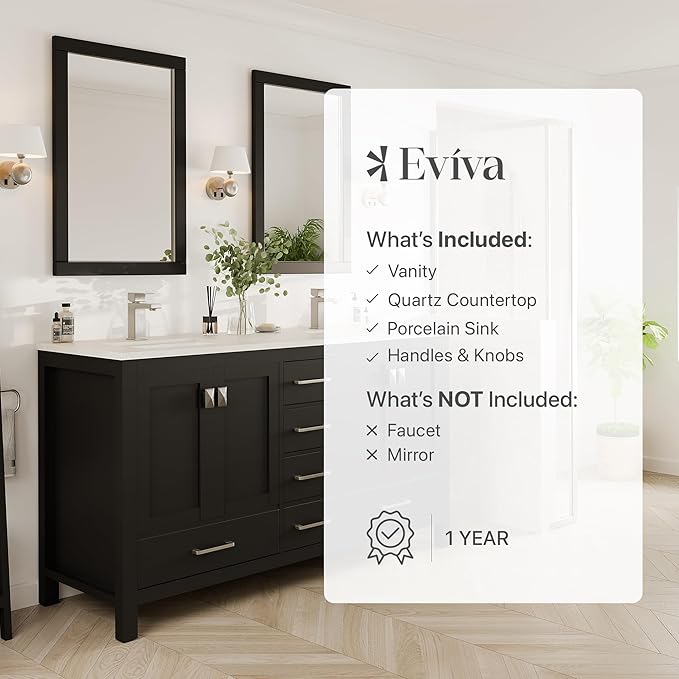 Eviva London 60" W x 18" D Espresso with Sink Bathroom Vanity with White Carrara Quartz Countertop and Undermount Porcelain Sinks