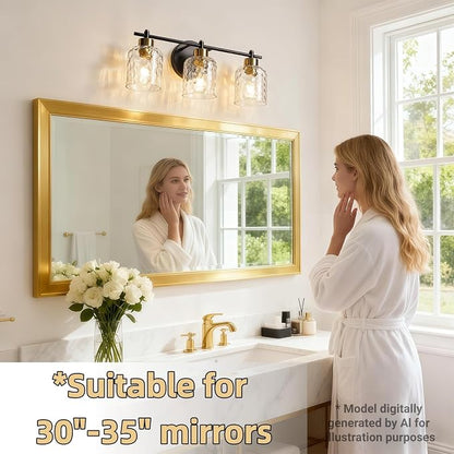 3 Light Black and Brass Bathroom Light Fixtures with Hammered Glass Mirror | 21.2" Black and Gold Farmhouse Vanity Light, Vanity Lighting Fixtures, Rustic Vanity Lights for Bathroom Lights for Makeup