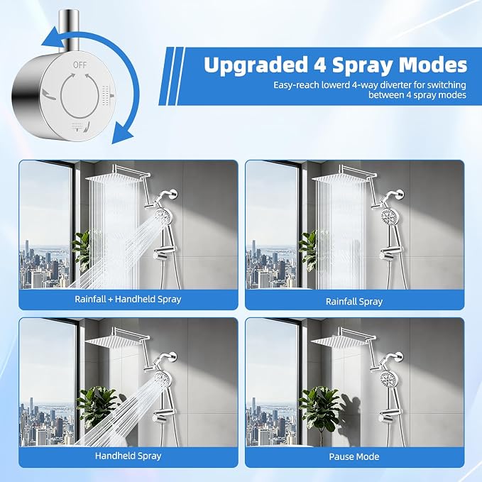 Metal 10" Rain Shower Head with Handheld, 10-Mode with Filter, Easy Reach | Chrome, High-Pressure Rainfall Showerhead, Upgraded 4-Way Diverter Pause Mode, Adjustable 16" Extension Arm/71" Hose/Holder