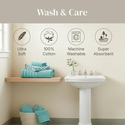 Modern Threads 6 Piece Bath Towel Set – Bathroom Set with 2 Bath Towels, 2 Hand Towels, and 2 Wash Cloths – 100% Cotton, Super Absorbent & Extra Soft – Reversible Classic Diamond (Aqua)