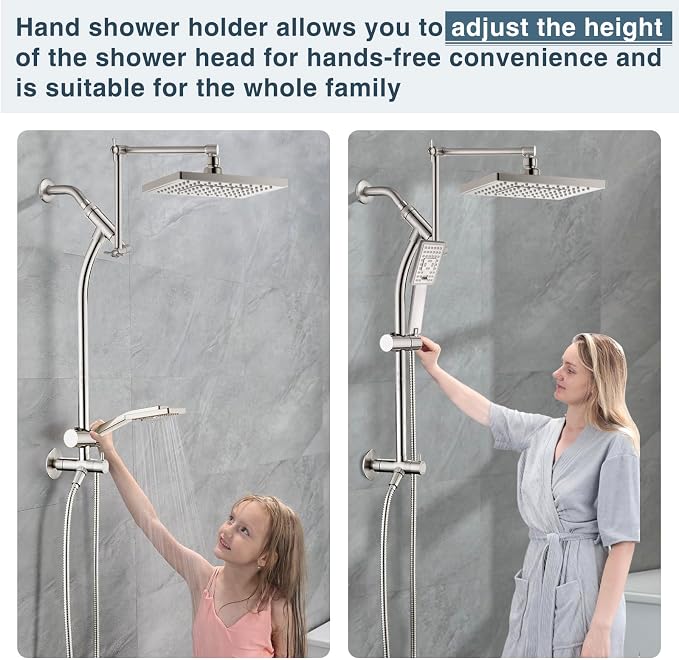BRIGHT SHOWERS Rain Shower Heads System, Rainfall Shower Head with Handheld Spray Combo Includes Solid Brass Slide Bar, Height Adjustable Holder, Shower Extension Arm and 60" Long Hose, Brushed Nickel