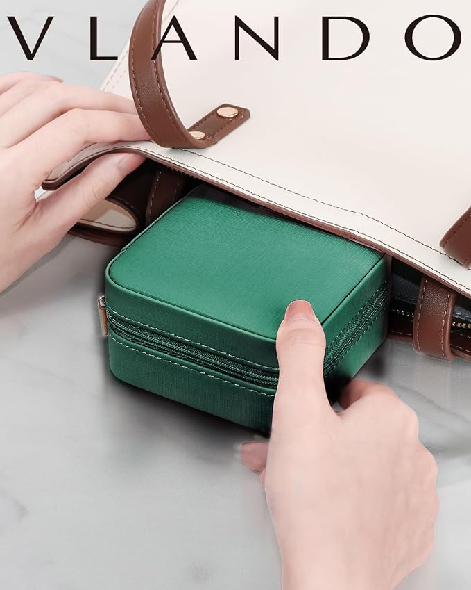 VLANDO Travel Jewelry Case with Mirror, Storage 3 Pairs of Stud Earrings | Necklace Hook for Anti-tangle, Removable Dividers, Waterproof PU Leather,Portable Storage for Rings, Necklace Gifts for Women