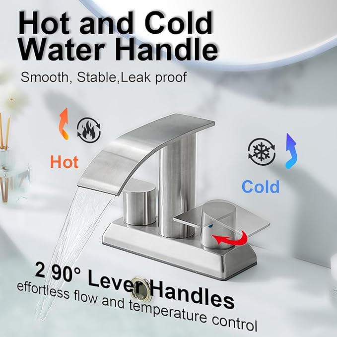 IKEBANA Brushed Nickel Waterfall Bathroom Faucet,2 Handle Stainless Steel 4 inch Bathroom Sink Faucet Modern Waterfall Spout Faucets Lead-Free Faucets with Supply Hoses and Pop-up Drain, IK-ZT2317L
