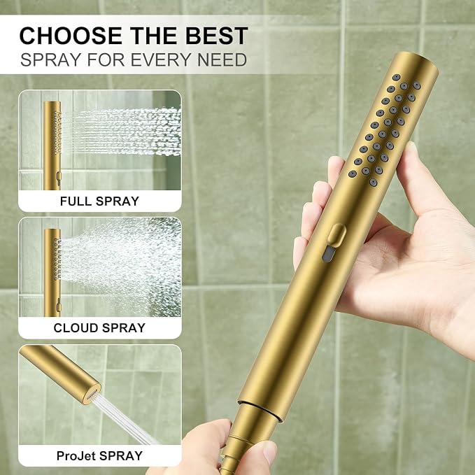 KENES Brushed Gold Square Rainfall Shower System Faucet Set with Handheld | Shower Faucet with 10-Inch Rain Shower Head, Square Shower System, Valve Included, Lead-Free cUPC & NSF Certified, Stainless