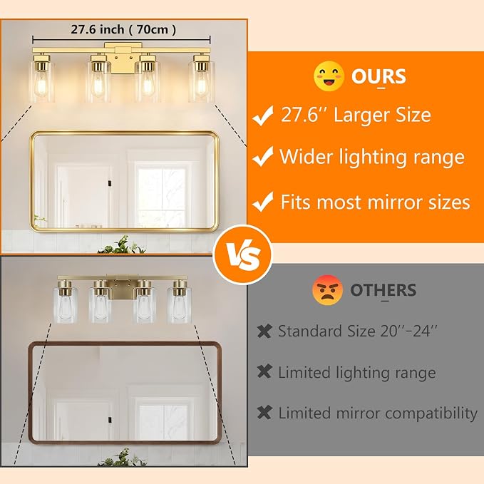 27” Bathroom Light Fixtures Over Mirror, 4-Light Gold Vanity Light | Square Clear Glass & Durable Metal, Quick & Easy Installation, Standard E26 Socket, Bright Bathroom Lighting