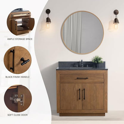 HOMEBEYOND 36" Bathroom Vanity with Single Sink & Ceramic Top, MDF Material Vanity Cabinet with Basin Combo, Soft-Closing Doors, Removable Shelf, Backsplash, Tan