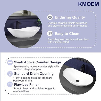 Vessel Sink 27.6"x14.8" Oval Bathroom Sink White Above Counter | Modern Porcelain Ceramic Drop-in Vanity Sink for Bathrooms Art Basin