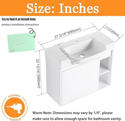 28" Wall-Mounted Bathroom Vanity with Ceramic Sink, 28 inch Floating Single Sink Vanity Cabinet Modern Brown 1-Door Design with Storage Shelf (Space-Saving for Small Bathrooms), White
