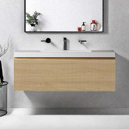 Wall Mounted Bathroom Sink Vanity, Modern 36" Floating Vanity with Resin Top Basin Sink and U-Shaped Soft-Close Storage Drawer, Striped Bathroom Storage Cabinet with Invisible Handle, Wood