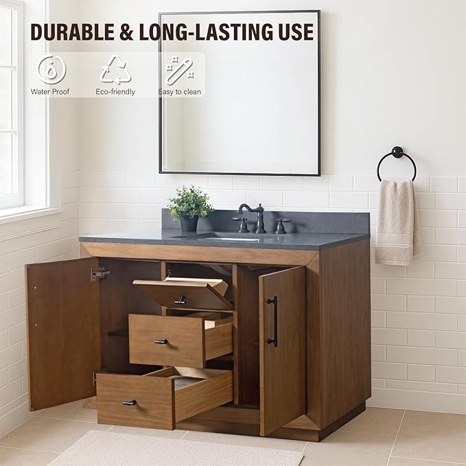 HOMEBEYOND 48" Bathroom Vanity with Single Sink & Ceramic Top, MDF Material Vanity Cabinet with Basin Combo, Soft-Closing Doors, Removable Shelf, Backsplash, Tan